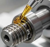 Obraz przedstawia proces smarowania śrub kulowych. Na zdjęciu widać dłoń trzymającą tubę ze smarem, a smar jest nakładany bezpośrednio na gwint śruby kulowej. Widoczna jest śruba kulowa oraz nakrętka kulowa. Gwint śruby pokryty jest warstwą smaru, co sugeruje, że jest to kluczowy etap konserwacji. Smarowanie jest niezbędne do zapewnienia długotrwałej i bezawaryjnej pracy śrub kulowych, ponieważ minimalizuje tarcie i zużycie. Brak odpowiedniego smarowania może skr&oacute;cić żywotność śruby nawet o 90%.