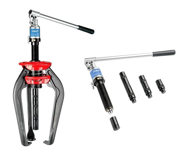 Ściągacze Hydrauliczne SKF w DAKAM &ndash; Siła i Bezpieczeństwo Demontażu Obraz jest ucieleśnieniem czystej siły pod pełną kontrolą. Prezentuje zaawansowany ściągacz hydrauliczny SKF (np. z serii EasyPull TMMA lub zestaw&oacute;w TMHC) jako narzędzie, kt&oacute;re zmienia ciężką, fizyczną pracę w precyzyjną operację inżynierską. Kompozycja łączy solidność mechaniki z profesjonalizmem autoryzowanego polskiego dystrybutora DAKAM, podkreślając bezpieczeństwo i łatwość użytkowania. Dominują barwy: techniczna czerń, stal oraz ikoniczny błękit SKF. Potęga hydrauliki w Twoich rękach: W centrum uwagi, na solidnym stole warsztatowym lub czystym tle przemysłowym, znajduje się ściągacz hydrauliczny SKF: &bull;	Zintegrowany Siłownik (Hydraulic Spindle): Najważniejszy element wizualny. Widoczny jest masywny cylinder hydrauliczny (często czarny lub stalowy), kt&oacute;ry stanowi serce narzędzia. Jego solidna budowa wizualnie komunikuje zdolność do generowania ogromnej siły demontażu (nawet do 100 ton) przy minimalnym wysiłku operatora. &bull;	Ramiona (Arms): Prezentowane są wytrzymałe ramiona ściągacza, pewnie chwytające (wirtualne lub przykładowe) łożysko. Warto pokazać mechanizm samocentrujący (charakterystyczny dla serii EasyPull), kt&oacute;ry ułatwia obsadzenie narzędzia. &bull;	Bezpieczeństwo: Obok ściągacza (lub założona na niego) widoczna jest siatka ochronna lub koc ochronny, co podkreśla dbałość SKF o bezpieczeństwo operatora w przypadku pęknięcia demontowanego elementu. &bull;	Mobilność i Zestaw: W tle pierwszego planu otwarta jest solidna, czarna walizka systemowa z idealnie dopasowanymi gniazdami na akcesoria (przedłużki, końc&oacute;wki), co sugeruje porządek i gotowość do pracy w terenie. &bull;	Marka Premium: Na cylindrze lub ramionach widoczne jest wyraźne logo "SKF", gwarantujące najwyższą jakość narzędzia. Sprawdzony Polski Dystrybutor DAKAM: Tło jest subtelnie rozmyte, ale buduje zaufanie do dostawcy: &bull;	Magazyn DAKAM: Widać fragment strefy narzędziowej magazynu, gdzie na p&oacute;łkach stoją kolejne walizki ze ściągaczami. Potwierdza to dostępność drogich narzędzi "od ręki". &bull;	Logo Dystrybutora: W dyskretnym, ale widocznym miejscu umieszczone jest logo DAKAM, z dopiskiem "Autoryzowany Dystrybutor Narzędzi SKF" (SKF MaPro). Obraz niesie jasny komunikat: "Jako autoryzowany dystrybutor DAKAM, dostarczamy profesjonalne ściągacze hydrauliczne SKF, kt&oacute;re umożliwiają bezpieczny, szybki i bezwysiłkowy demontaż nawet największych łożysk i sprzęgieł, minimalizując ryzyko uszkodzenia wału".